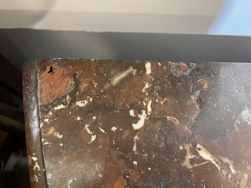 Jean-Charles Ellaume (1714 &ndash; 1763) and Antoine Nicolas: A small Louis XV marquetry chest of drawers with gilt bronze mounts and red marble top