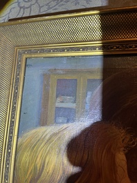 Firmin Baes (1874-1943): 'Sc&egrave;ne familiale', oil on canvas, with dedication, dated 1894