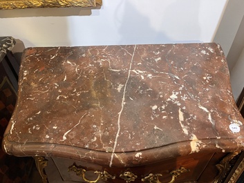 Jean-Charles Ellaume (1714 &ndash; 1763) and Antoine Nicolas: A small Louis XV marquetry chest of drawers with gilt bronze mounts and red marble top