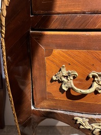 Jean-Charles Ellaume (1714 &ndash; 1763) and Antoine Nicolas: A small Louis XV marquetry chest of drawers with gilt bronze mounts and red marble top