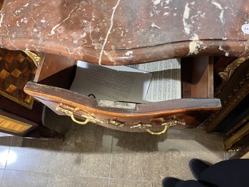 Jean-Charles Ellaume (1714 &ndash; 1763) and Antoine Nicolas: A small Louis XV marquetry chest of drawers with gilt bronze mounts and red marble top