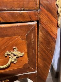 Jean-Charles Ellaume (1714 &ndash; 1763) and Antoine Nicolas: A small Louis XV marquetry chest of drawers with gilt bronze mounts and red marble top