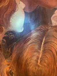 Firmin Baes (1874-1943): 'Sc&egrave;ne familiale', oil on canvas, with dedication, dated 1894