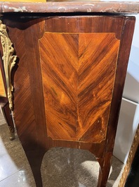 Jean-Charles Ellaume (1714 &ndash; 1763) and Antoine Nicolas: A small Louis XV marquetry chest of drawers with gilt bronze mounts and red marble top