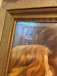 Firmin Baes (1874-1943): 'Sc&egrave;ne familiale', oil on canvas, with dedication, dated 1894