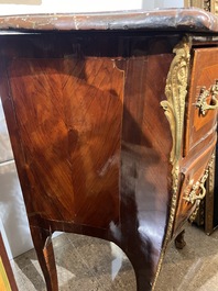 Jean-Charles Ellaume (1714 &ndash; 1763) and Antoine Nicolas: A small Louis XV marquetry chest of drawers with gilt bronze mounts and red marble top