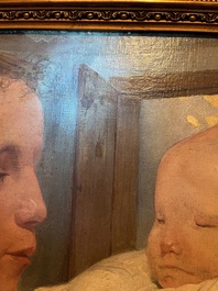 Firmin Baes (1874-1943): 'Sc&egrave;ne familiale', oil on canvas, with dedication, dated 1894