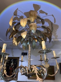 A Hollywood Regency style patinated metal six-light palm tree chandelier, 20th C.