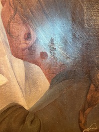 Firmin Baes (1874-1943): 'Sc&egrave;ne familiale', oil on canvas, with dedication, dated 1894