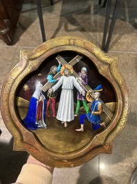 Two Limoges enamel plaques and a pax with religious subjects, 19th/20th C.