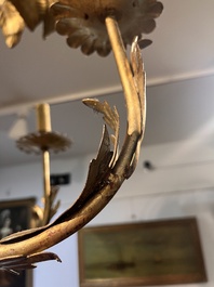 A Hollywood Regency style patinated metal six-light palm tree chandelier, 20th C.