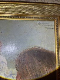 Firmin Baes (1874-1943): 'Sc&egrave;ne familiale', oil on canvas, with dedication, dated 1894