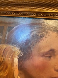 Firmin Baes (1874-1943): 'Sc&egrave;ne familiale', oil on canvas, with dedication, dated 1894