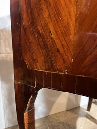 Jean-Charles Ellaume (1714 &ndash; 1763) and Antoine Nicolas: A small Louis XV marquetry chest of drawers with gilt bronze mounts and red marble top