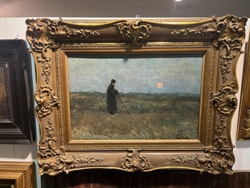 Franz Courtens (1854-1943): Musing at the setting sun, oil on canvas marouflated on board