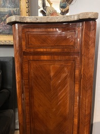 A pair of French Louis XVI style single door hall cabinets with floral marquetry, gilt bronze mounts and marble tops, 19th C.