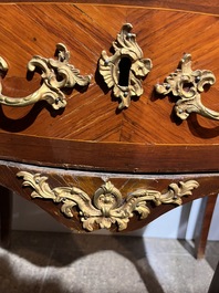 Jean-Charles Ellaume (1714 &ndash; 1763) and Antoine Nicolas: A small Louis XV marquetry chest of drawers with gilt bronze mounts and red marble top