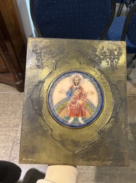 Two Limoges enamel plaques and a pax with religious subjects, 19th/20th C.