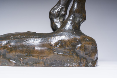 Constantin Emile Meunier (1831-1905): Een mijnpaard, bruingepatineerd brons, gieterijmerk 'J. Petermann Fondeur Bruxelles', ca. 1890