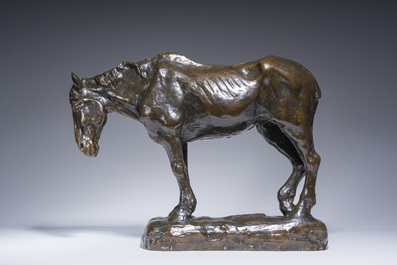 Constantin Emile Meunier (1831-1905): Een mijnpaard, bruingepatineerd brons, gieterijmerk 'J. Petermann Fondeur Bruxelles', ca. 1890