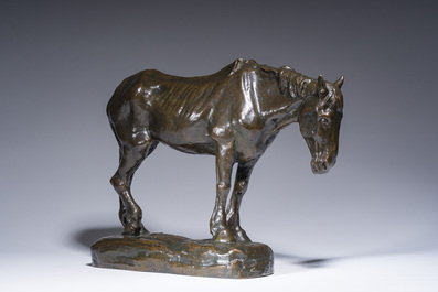 Constantin Emile Meunier (1831-1905): Een mijnpaard, bruingepatineerd brons, gieterijmerk 'J. Petermann Fondeur Bruxelles', ca. 1890