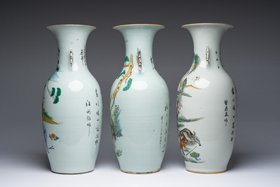 Trois vases en porcelaine de Chine famille rose &agrave; d&eacute;cor figuratif, 19&egrave;me/20&egrave;me si&egrave;cle