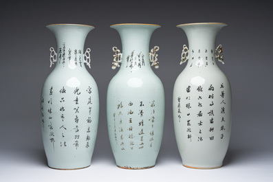 Trois vases en porcelaine de Chine famille rose &agrave; d&eacute;cor figuratif, 19&egrave;me/20&egrave;me si&egrave;cle