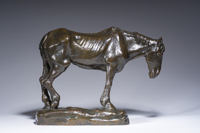 Constantin Emile Meunier (1831-1905): Een mijnpaard, bruingepatineerd brons, gieterijmerk 'J. Petermann Fondeur Bruxelles', ca. 1890