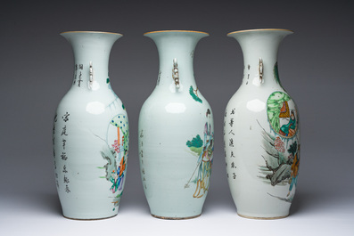 Trois vases en porcelaine de Chine famille rose &agrave; d&eacute;cor figuratif, 19&egrave;me/20&egrave;me si&egrave;cle