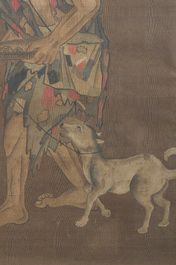 Ecole chinoise: Mendiant aveugle avec chien, encre et couleurs sur soie, probablement Ming