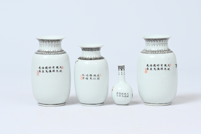 Acht Chinese famille rose vazen met vogels tussen bloesemtakken en figuratief decor, 20ste eeuw