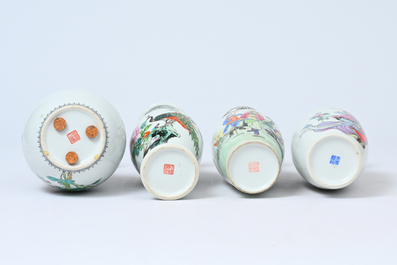 Acht Chinese famille rose vazen met vogels tussen bloesemtakken en figuratief decor, 20ste eeuw