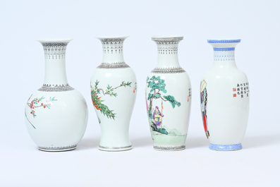 Acht Chinese famille rose vazen met vogels tussen bloesemtakken en figuratief decor, 20ste eeuw