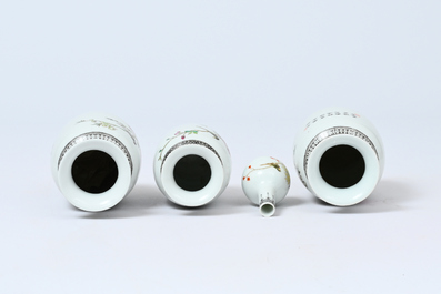 Acht Chinese famille rose vazen met vogels tussen bloesemtakken en figuratief decor, 20ste eeuw