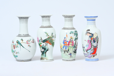 Acht Chinese famille rose vazen met vogels tussen bloesemtakken en figuratief decor, 20ste eeuw