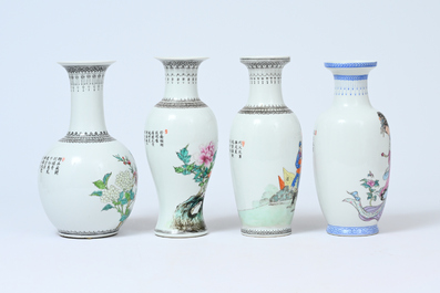 Acht Chinese famille rose vazen met vogels tussen bloesemtakken en figuratief decor, 20ste eeuw