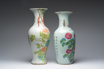 Deux vases en porcelaine de Chine famille rose et qianjiang cai &agrave; d&eacute;cor d'oiseaux parmi des branches fleuries, 19&egrave;me/20&egrave;me si&egrave;cle