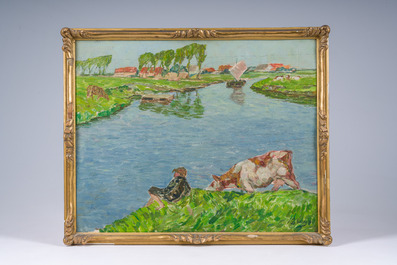 Modest Huys (1874-1932): 'La Lys - De Leie', huile sur panneau