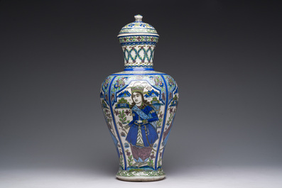 A large Persian pottery vase and cover with figurative design, 20th C.