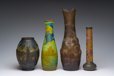 Emile Gall&eacute; (1846-1904, after): Four cameo glass Art Nouveau style vases with fauna and flora, 20th C.