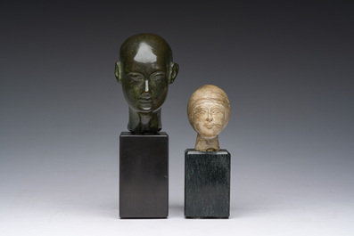 Deux t&ecirc;tes dites du 'Grand Tour' de style &eacute;gyptienne en bronze et pierre, probablement Italie, 19&egrave;me si&egrave;cle