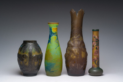 Emile Gall&eacute; (1846-1904, after): Four cameo glass Art Nouveau style vases with fauna and flora, 20th C.