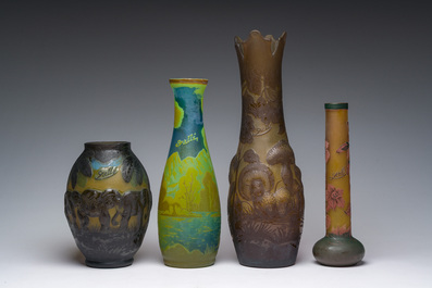 Emile Gall&eacute; (1846-1904, after): Four cameo glass Art Nouveau style vases with fauna and flora, 20th C.
