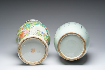 Deux vases en porcelaine de Chine famille rose et qianjiang cai &agrave; d&eacute;cor d'oiseaux parmi des branches fleuries, 19&egrave;me/20&egrave;me si&egrave;cle