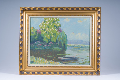 Guillaume Montobio (1883-1962, dans le style de): Vue sur La Lys, huile sur board