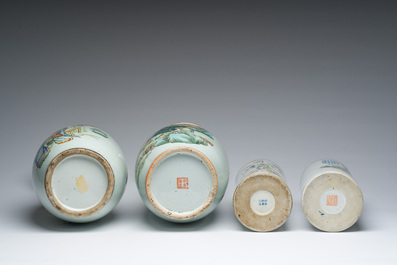 Twee Chinese famille rose vazen en twee hoedensteunen met figuratief decor, 19de/20ste eeuw