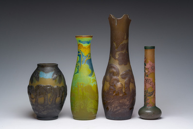 Emile Gall&eacute; (1846-1904, after): Four cameo glass Art Nouveau style vases with fauna and flora, 20th C.