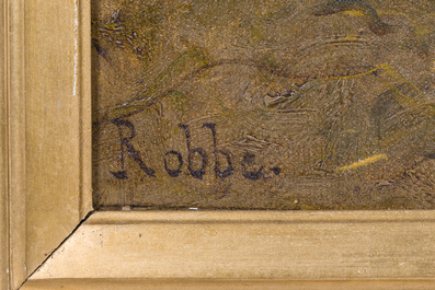 Louis Robbe (1806-1887, in de stijl van): Twee koeien en een haan op een erf, 19de eeuw