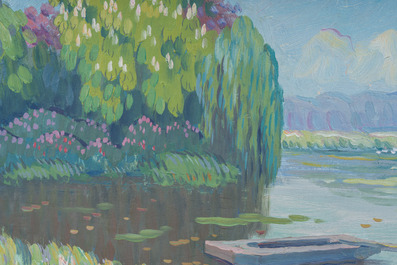 Guillaume Montobio (1883-1962, dans le style de): Vue sur La Lys, huile sur board