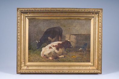 Louis Robbe (1806-1887, in de stijl van): Twee koeien en een haan op een erf, 19de eeuw